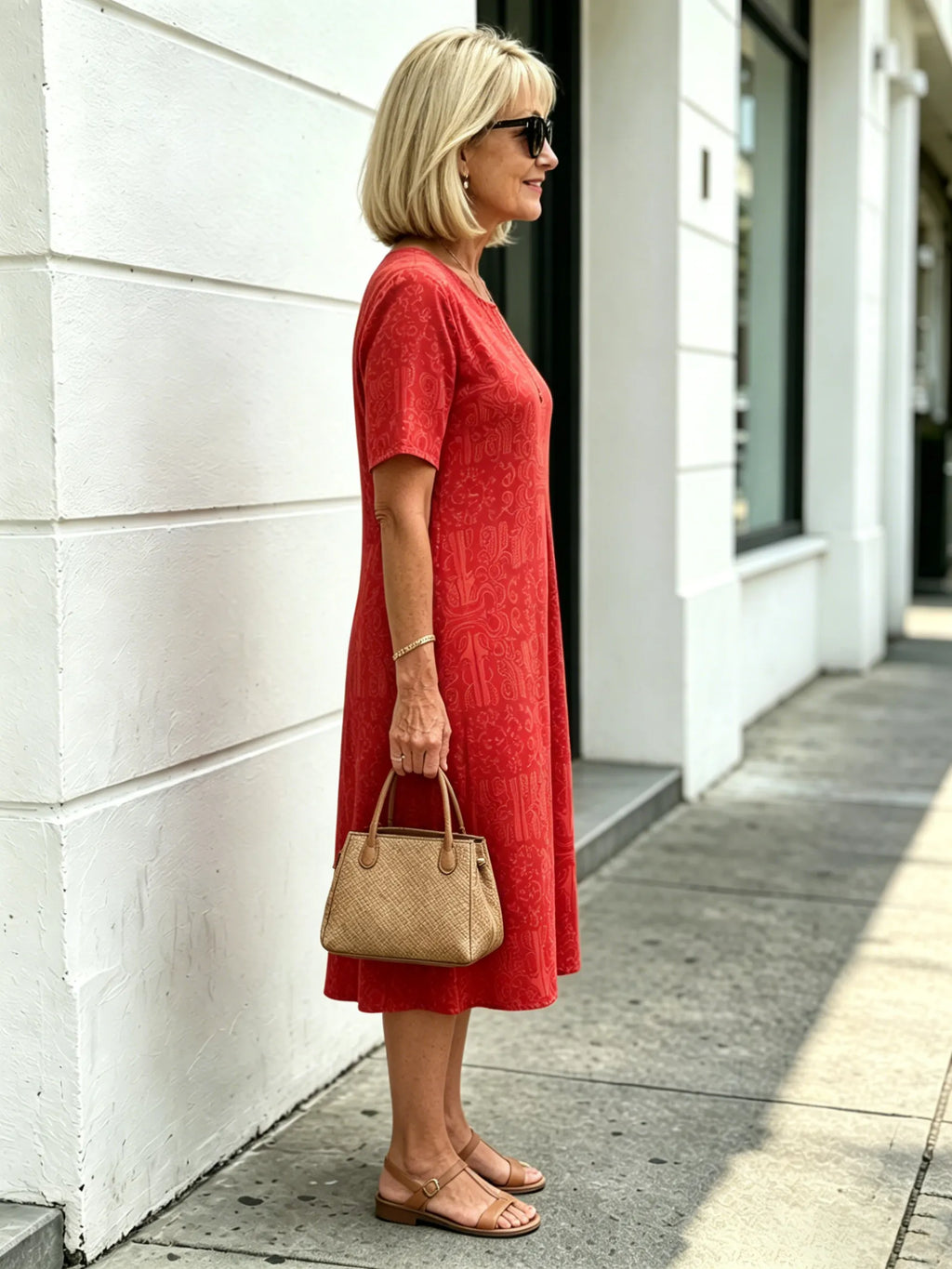 Blue Paisley Print Loose Midi Dress, Round Neck Short Sleeve Tummy Concealing Slimming Temperament Dress for Mature Women