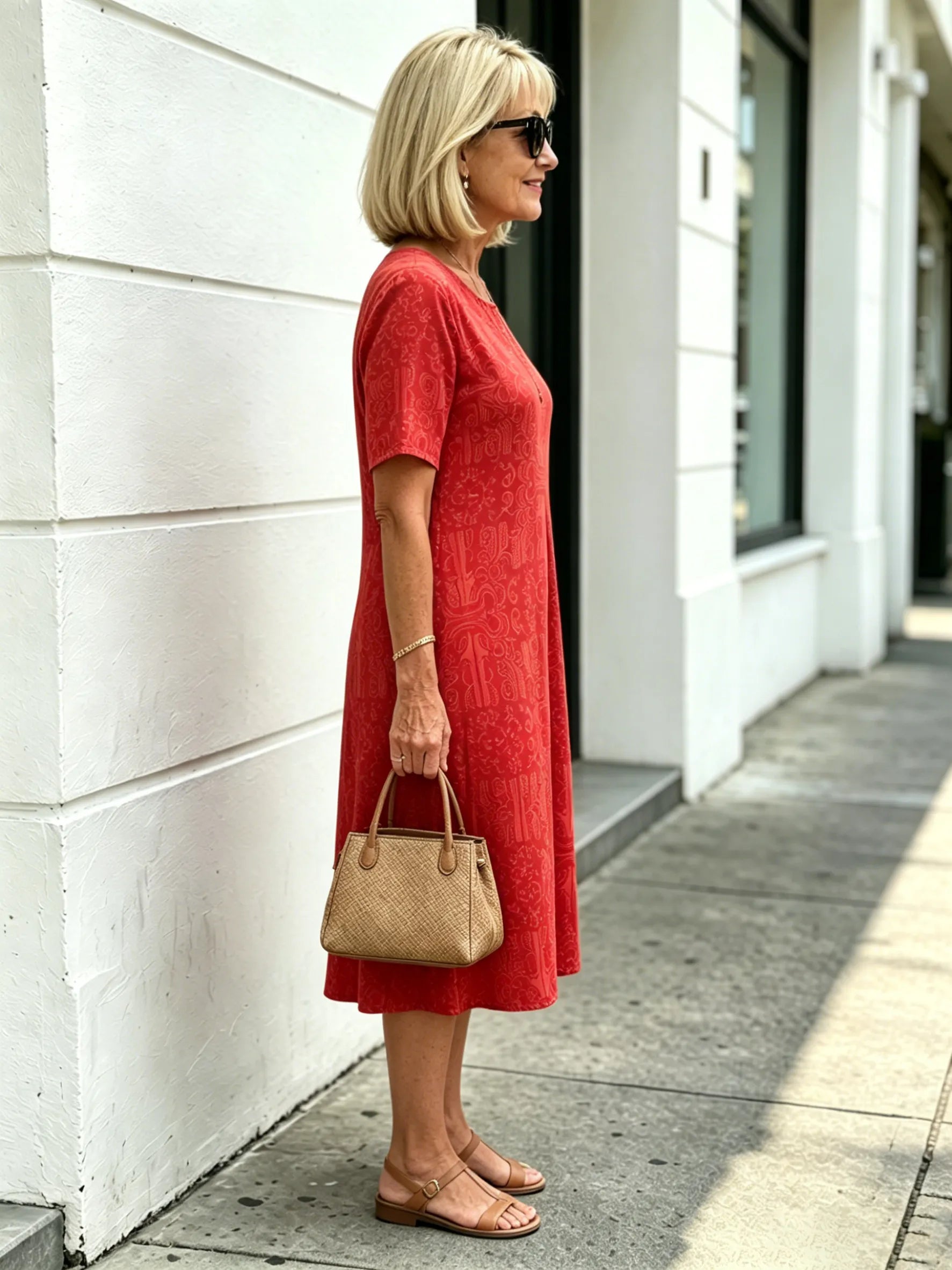 Blue Paisley Print Loose Midi Dress, Round Neck Short Sleeve Tummy Concealing Slimming Temperament Dress for Mature Women