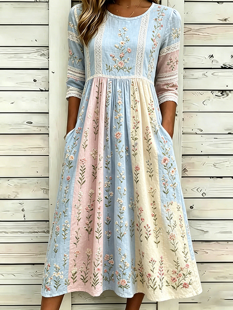Women's Retro Rose Art Embroidery Color Block Splicing Comfortable Cotton Linen Round Neck Mid-sleeve Dress