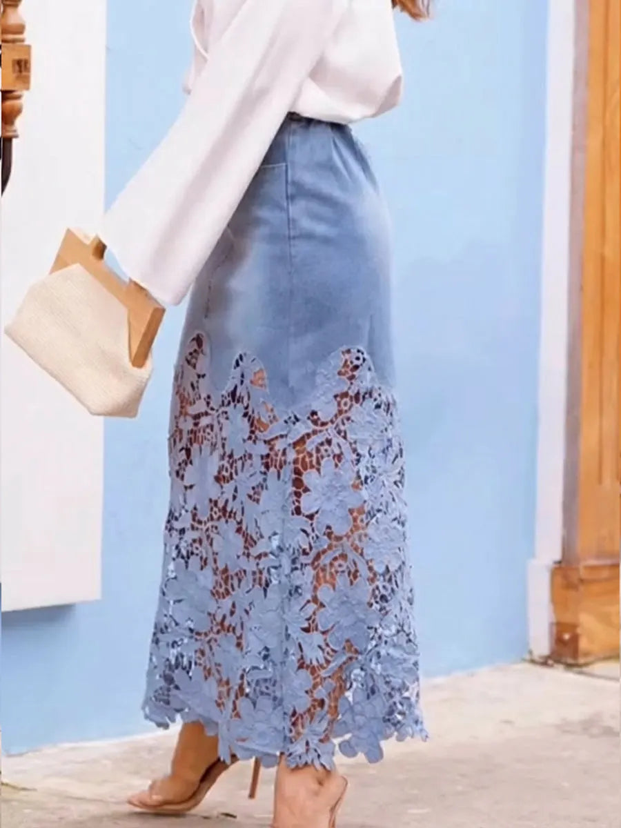 Stylish And Casual Patchwork Lace Denim Skirt