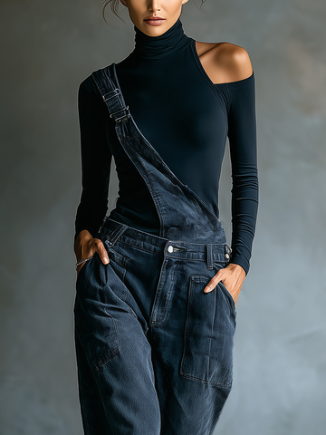 Women’s Blue-black Ribbed Knit Cold Shoulder Turtleneck Fitted Long Sleeve Top MDA3016K6T