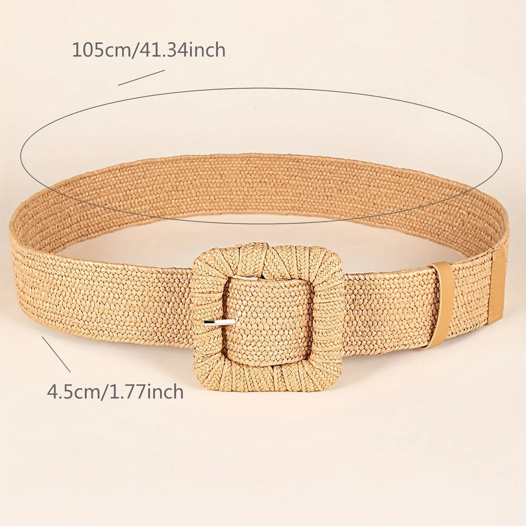 Casual Bohemian Woven Belt For Women Square Buckle Straw Elastic Waist Belt Summer Beach Dress Belts
