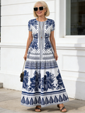 Boho Print Temperament Simple Lace-up Crew Neck Dress Vacation