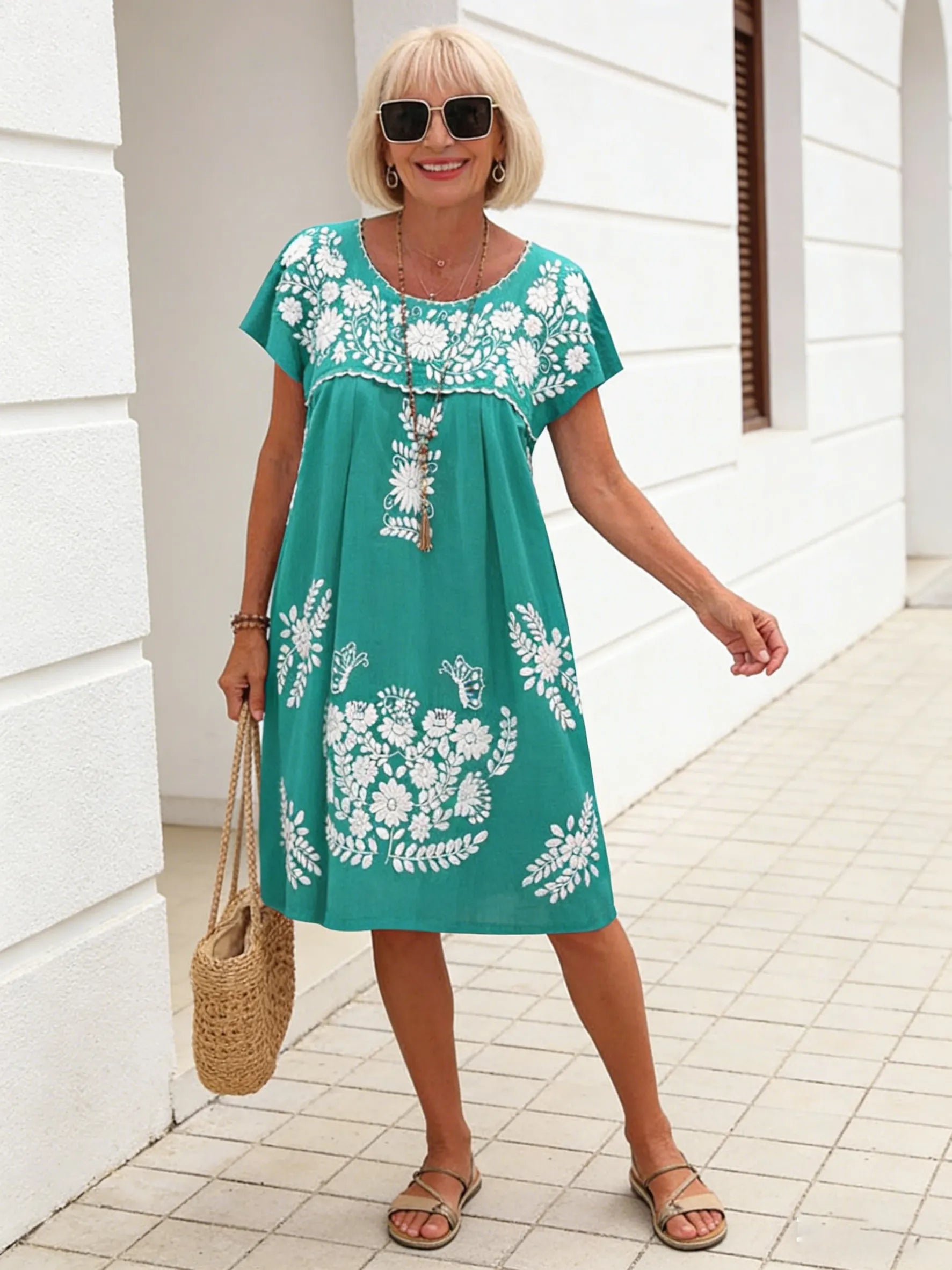 Ethnic Style Round Neck Shoulder Short Sleeve Dress Women's Clothing
