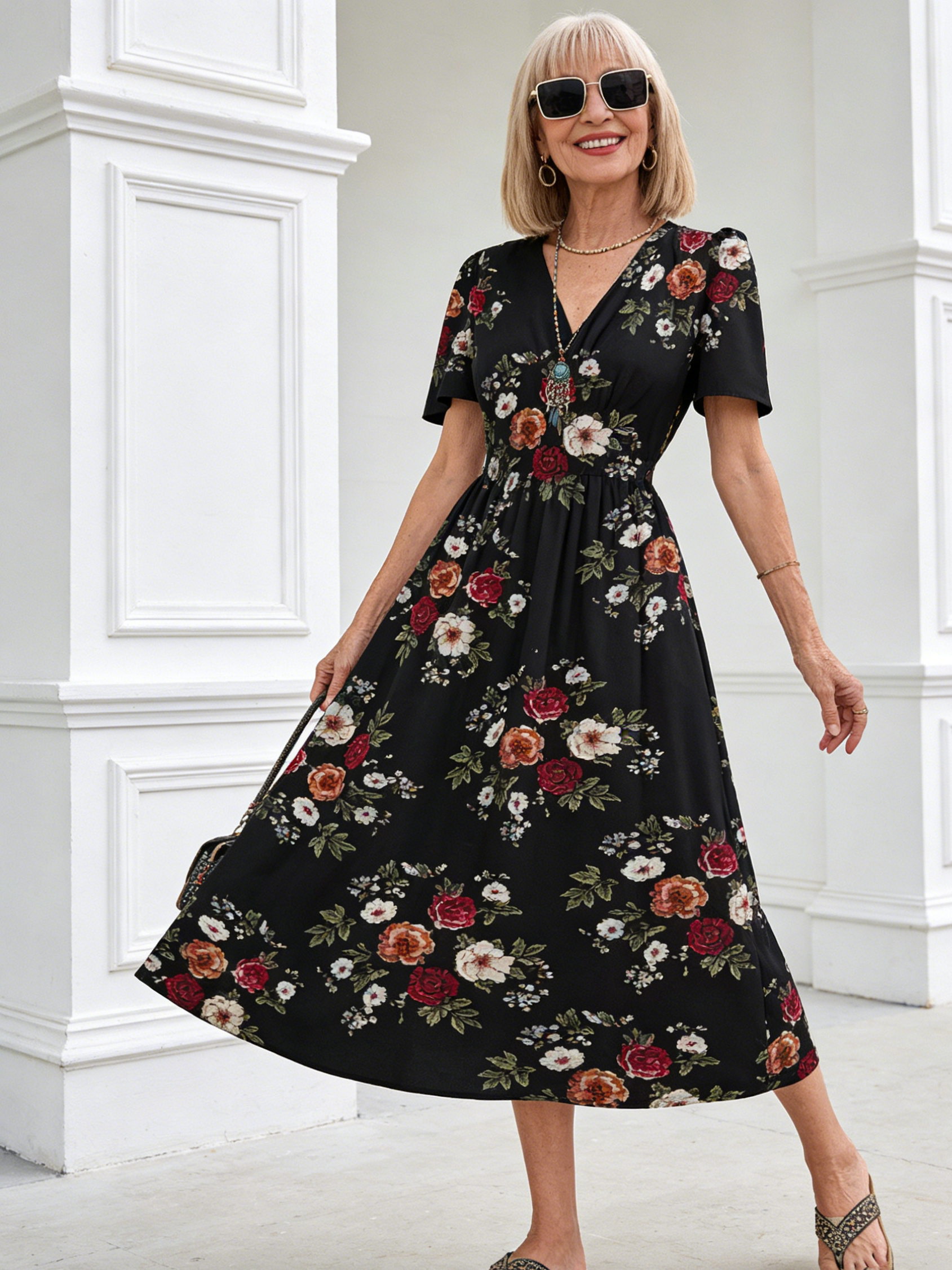 Seaside Vacation Dress Plant Flower Print Dress