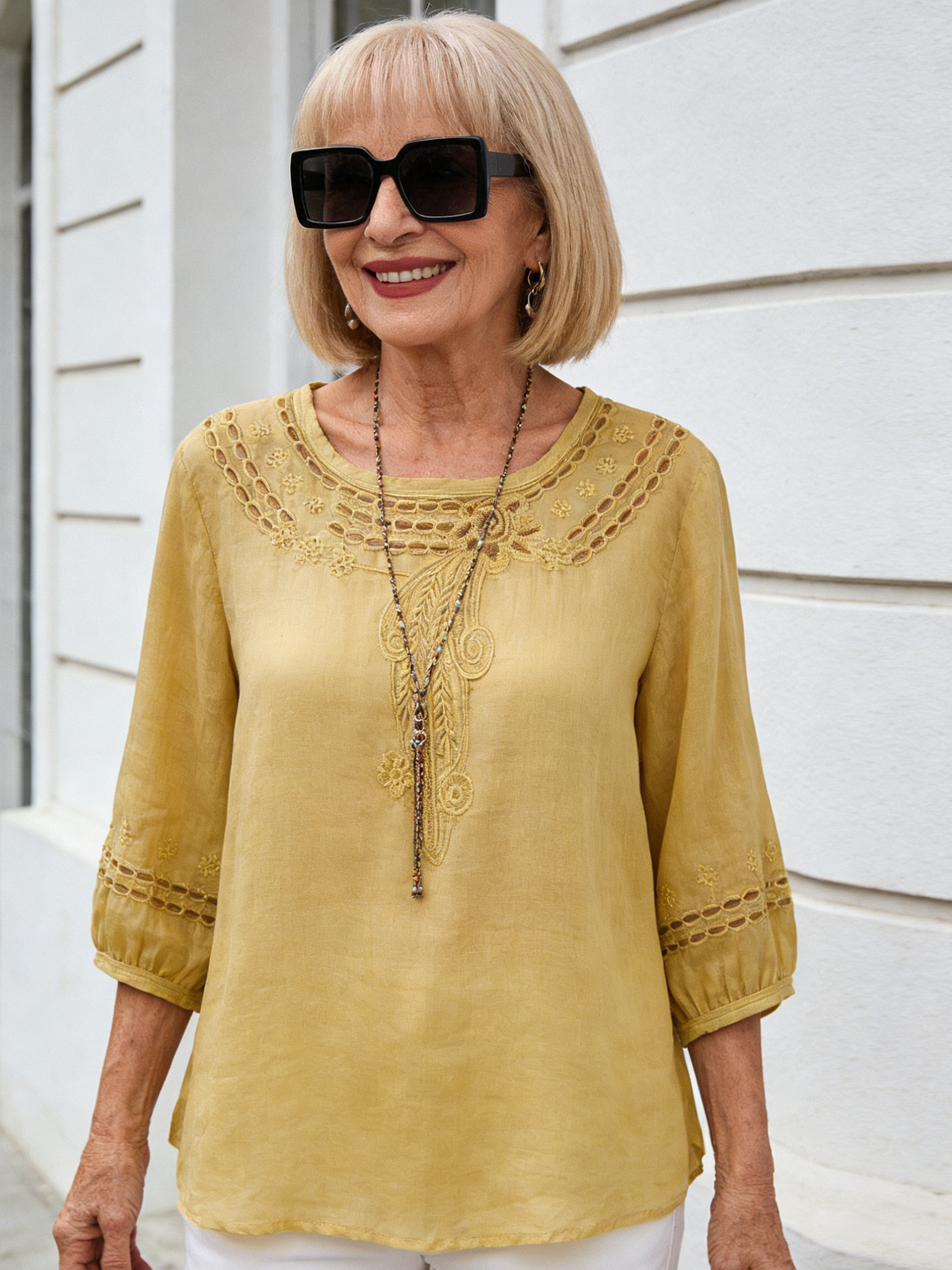 Cotton and Linen Embroidered Shirt with Seven-quarter Sleeves, Thin Temperament, Loose and Versatile Pullover Top
