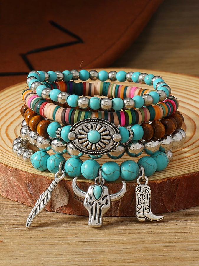 Women's Bohemian Turquoise Wood Beads Alloy Accessories Elastic Wire Bracelet