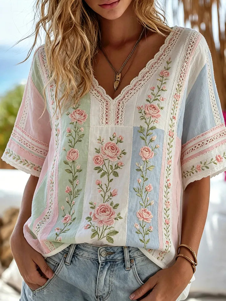 Women's Rose And Lace Art Color Block Spliced Cotton Linen V-neck Short Sleeve Top