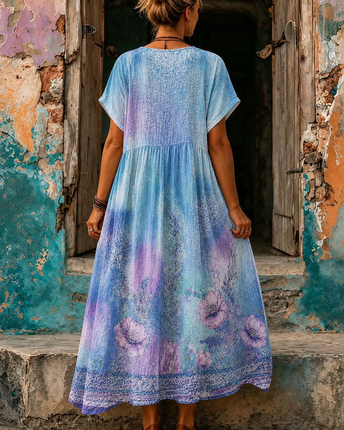 Women's Vacation Linen Floral Print V-Neck Short Sleeve Maxi Dress