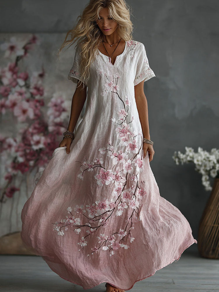 Women's Exquisitely Embroidered Floral Ombre Print Art Linen Dress