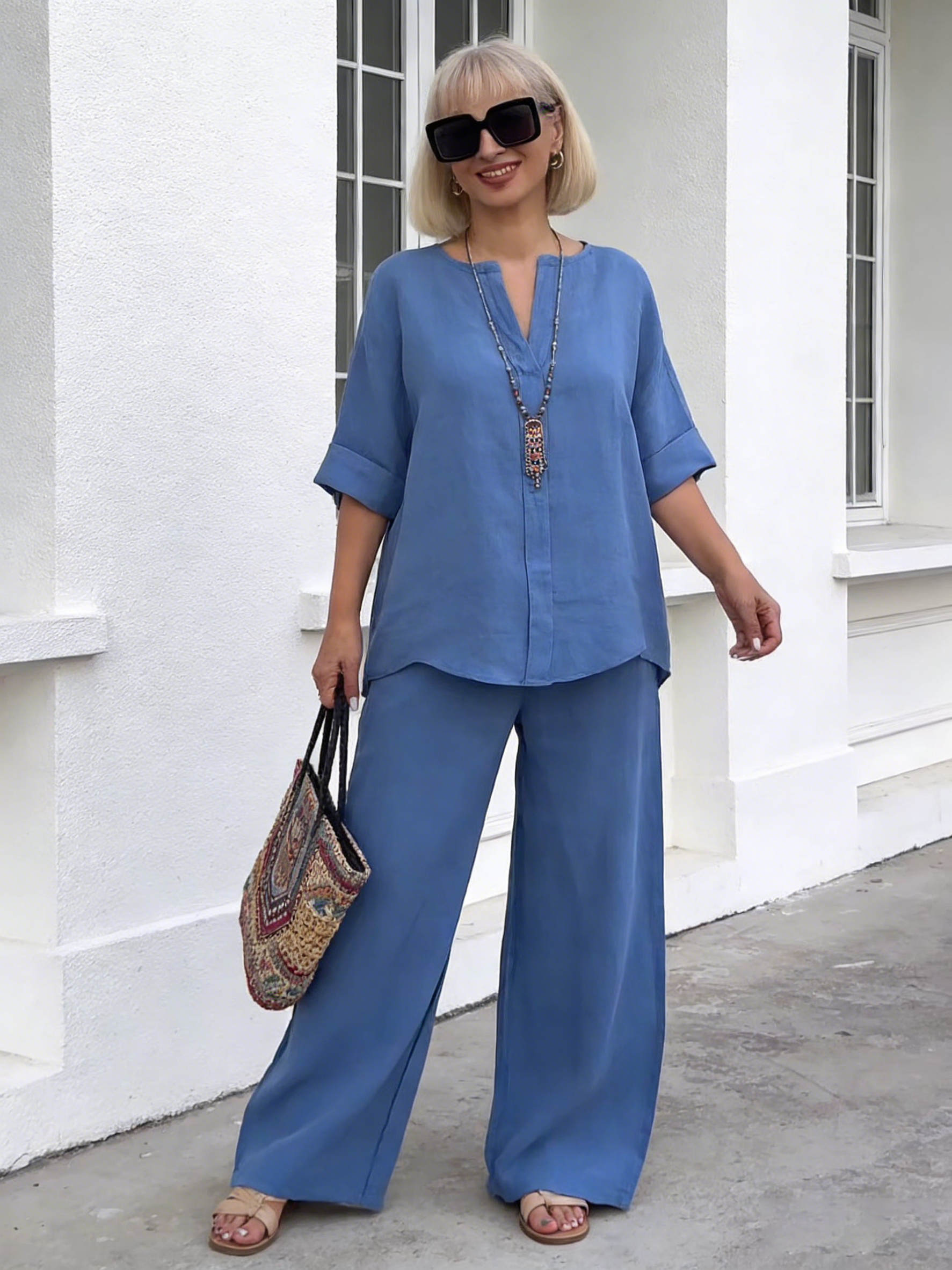 2Pcs Women's Comfortable Loose Top Wide Leg Pants Casual Cotton and Linen Set