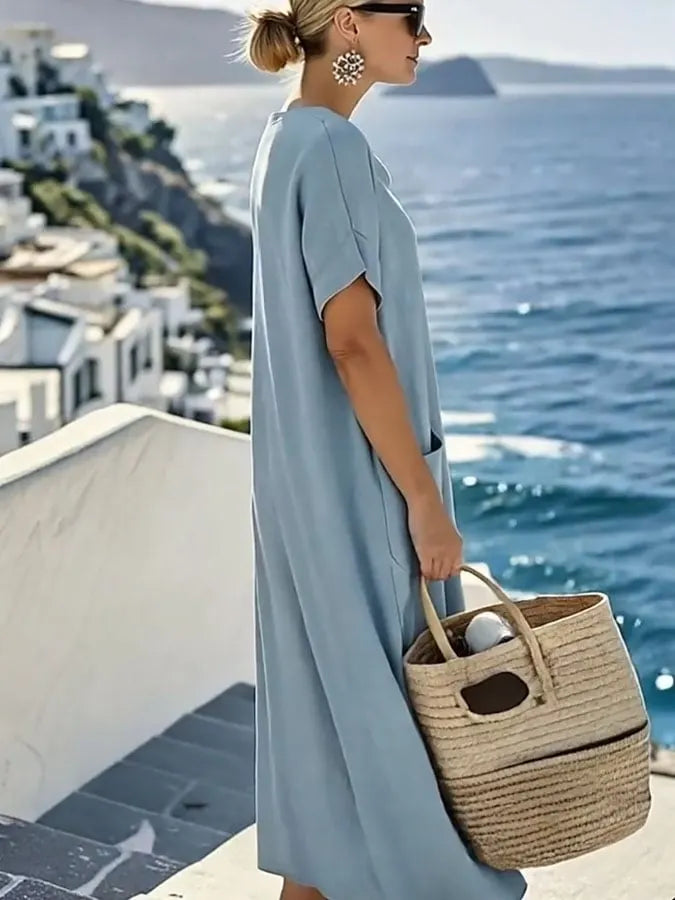 Women'S Solid Color Short-Sleeved Loose Cotton And Linen Dress
