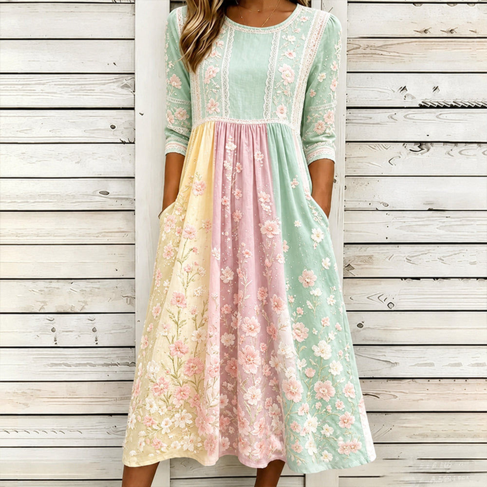 Women's Pink Floral Vine 3d Art Embroidery Patchwork Cotton Linen Distressed Round Neck Mid-sleeve Dress