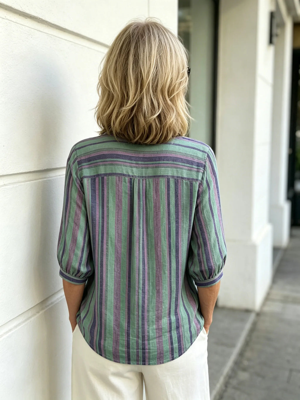 Contrasting Striped Shirt Lapel Single-breasted Medium Sleeve Top Women's Shirt