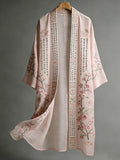 Japanese-style Floral And Calligraphy Pink Cotton-linen Flowing Kimono