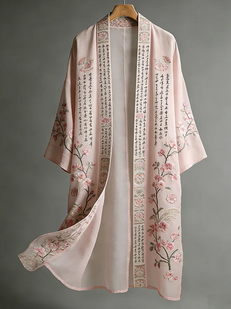 Japanese-style Floral And Calligraphy Pink Cotton-linen Flowing Kimono