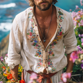 Ethnic Retro Casual Cotton And Linen Mens Shirts N Style Open Collar Embroidered Shirt