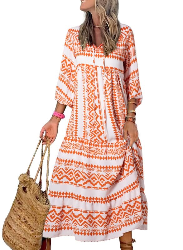 Women's Puff Sleeve Floral Boho Maxi Dress