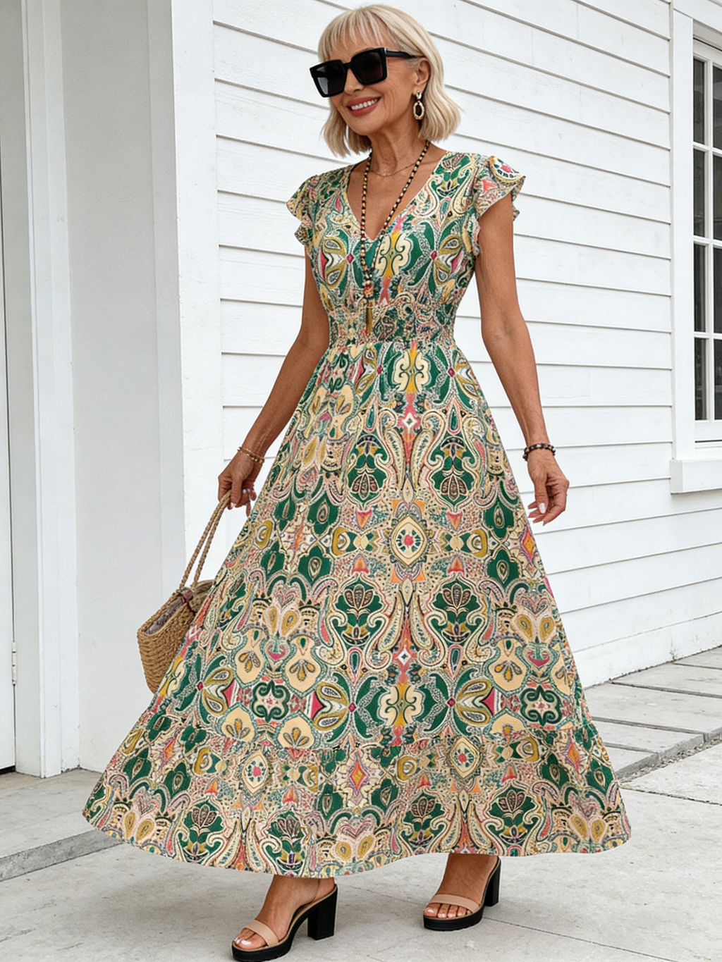 Boho Printed V-neck Ruffle Edge Long Dress