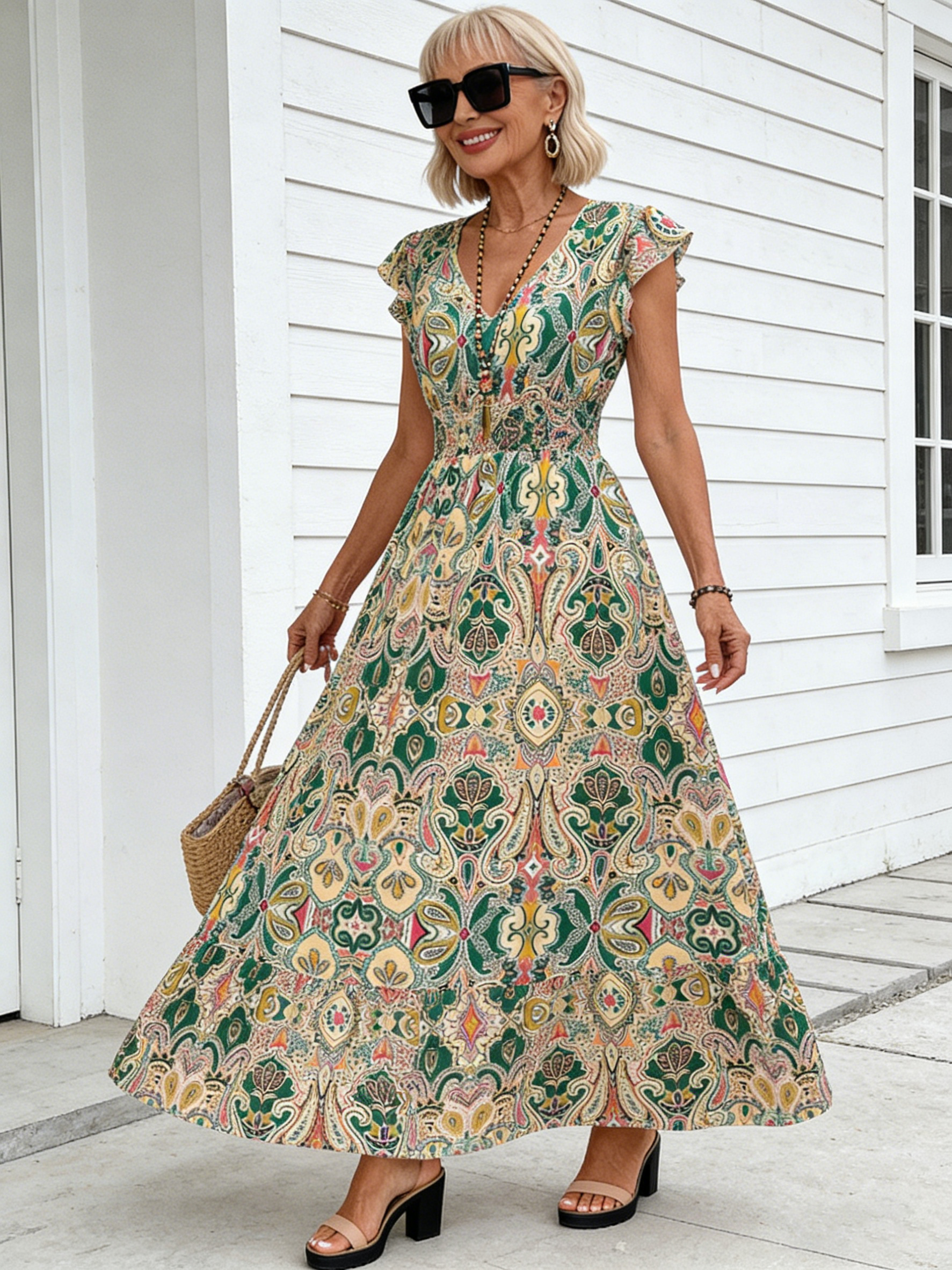 Boho Printed V-neck Ruffle Edge Long Dress