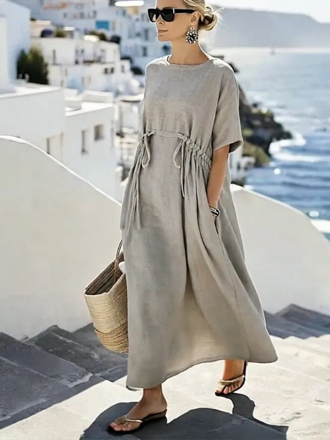 Women'S Casual Solid Cotton And Linen Dress
