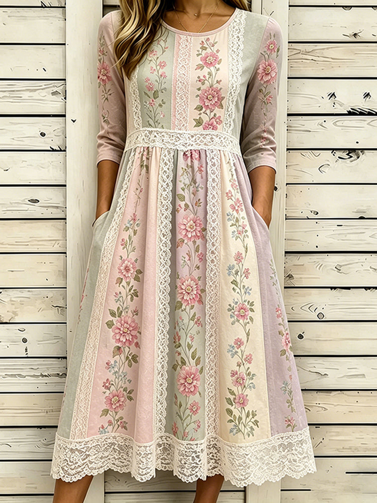 Women's Ethnic Morandi Contrast Color Patchwork Linen Dress
