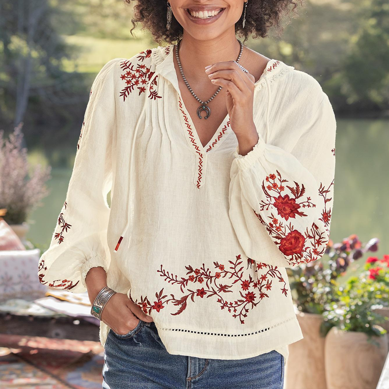 Women's Bohemian Embroidered Floral Blouse With Flared Sleeves