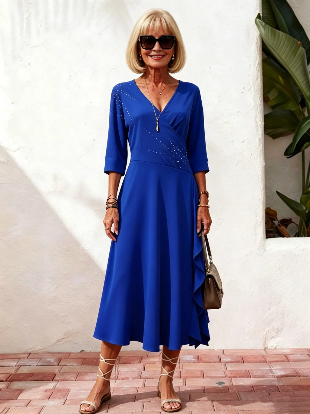 Blue Rhinestone Wrap Midi Dress, V-Neck 3/4 Sleeve Ruffle Hem Loose Slimming Dress for Mature Women