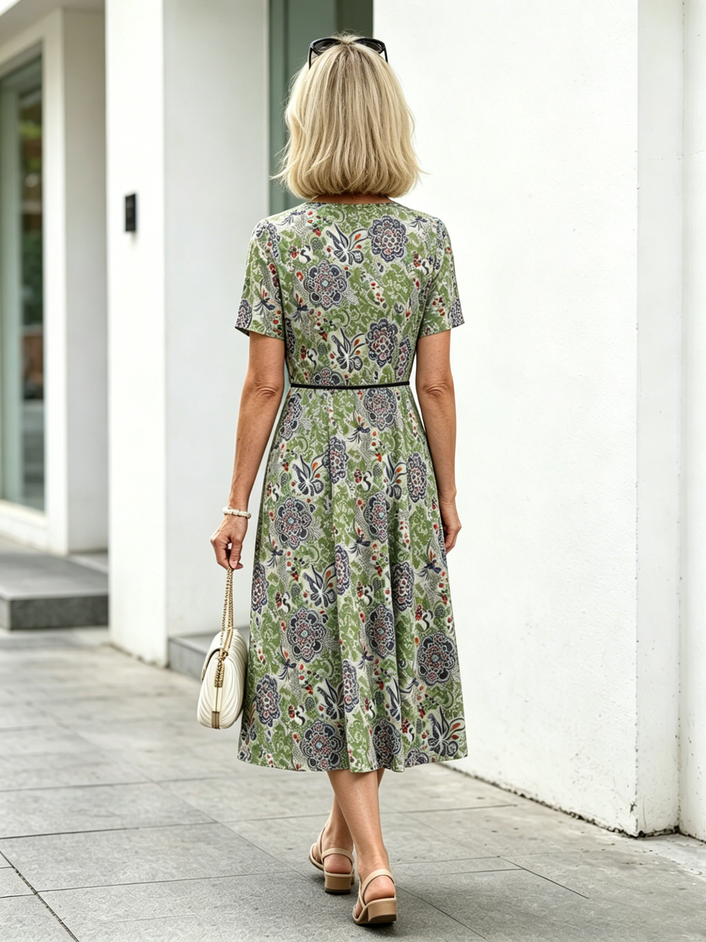 Orange Floral V-Neck Midi Dress, Short Sleeve Elastic Waist Slimming Temperament Long Dress for Mature Women