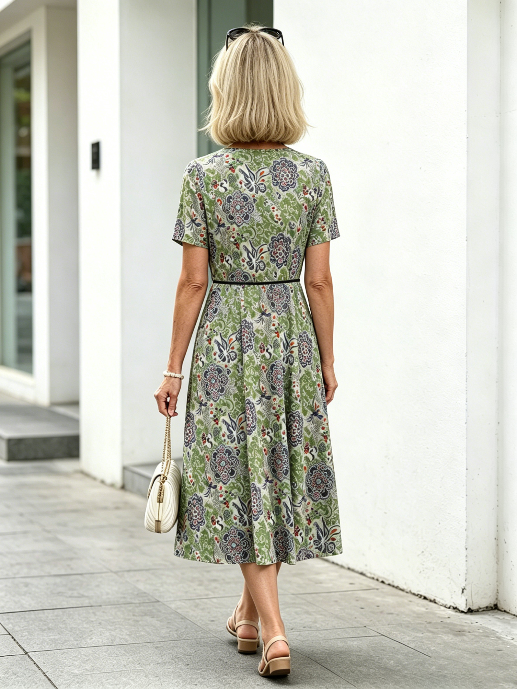 Orange Floral V-Neck Midi Dress, Short Sleeve Elastic Waist Slimming Temperament Long Dress for Mature Women