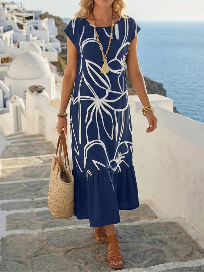 Women'S Casual Round-Neck Printed Vacation Dress