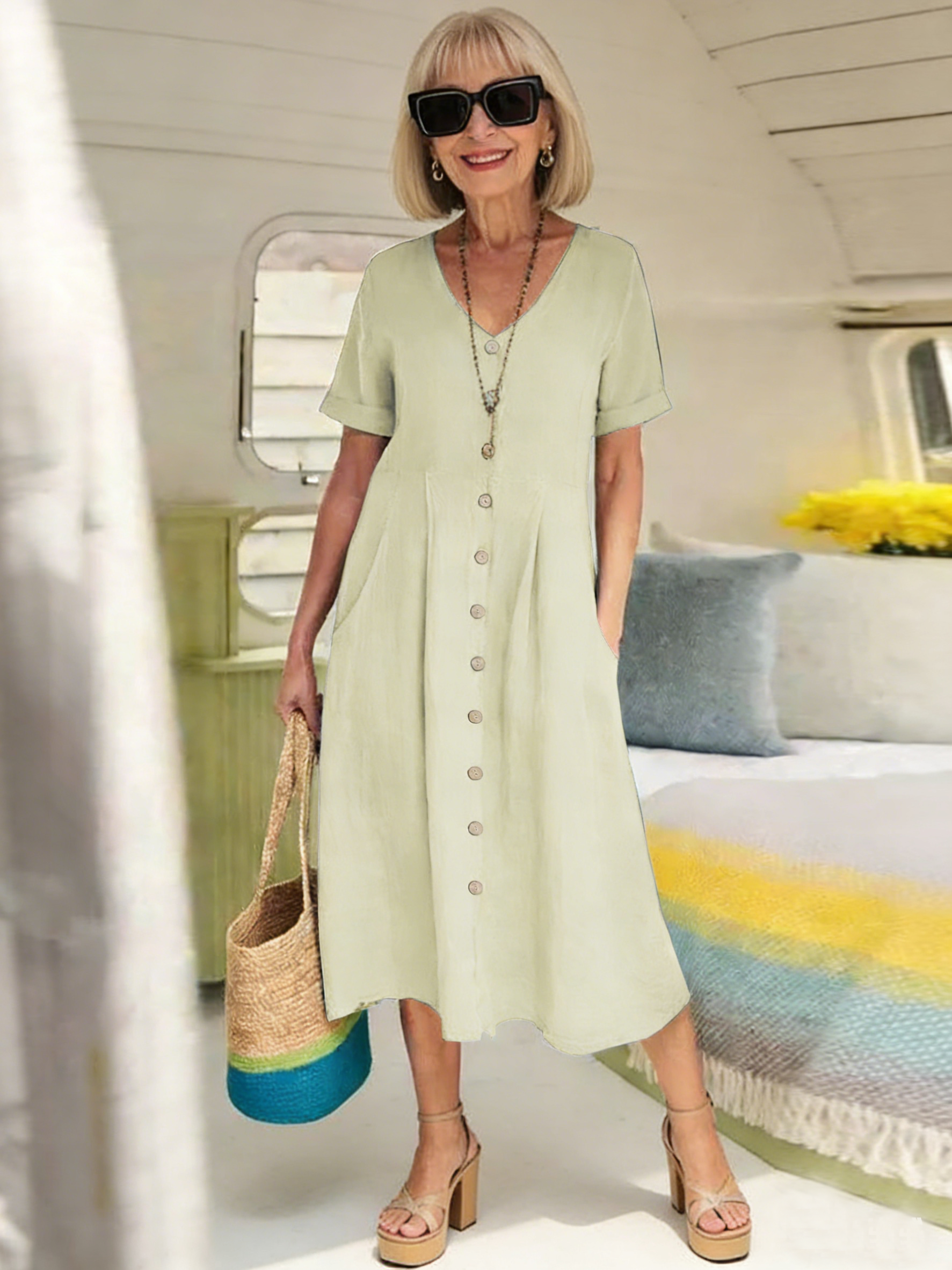 Solid Color Loose High Waist Cotton and Linen Dress
