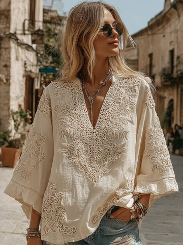 Women's Vintage Floral Art Print V Neck Tops