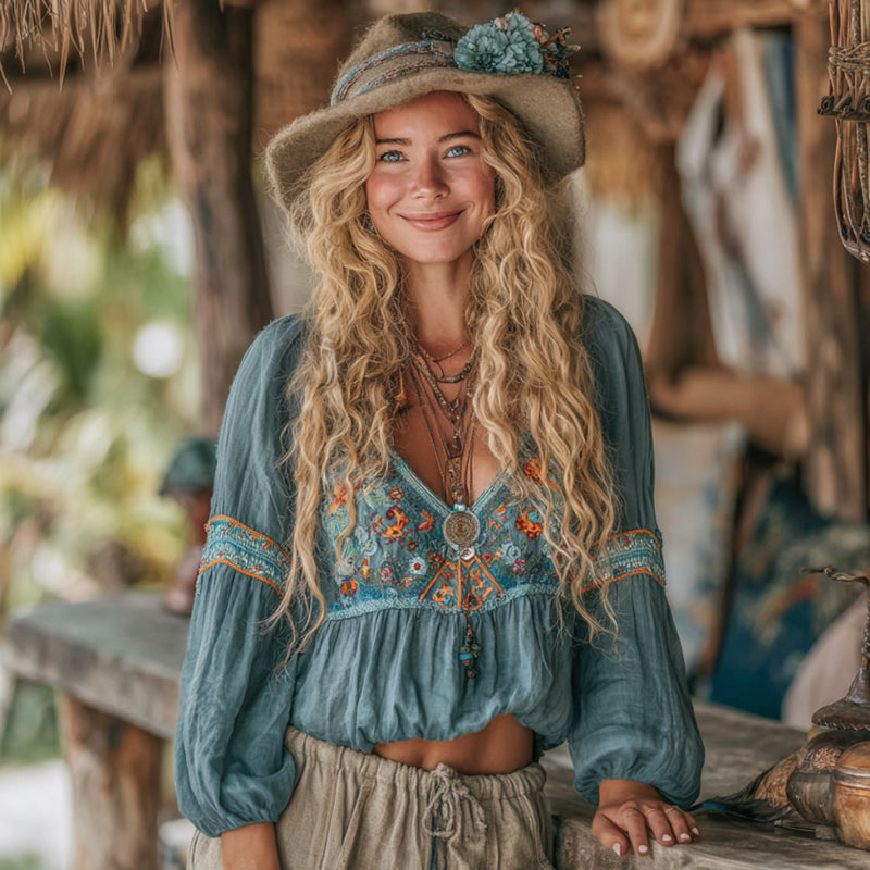 Women's Vacation Boho Floral Print Linen Blend Tops