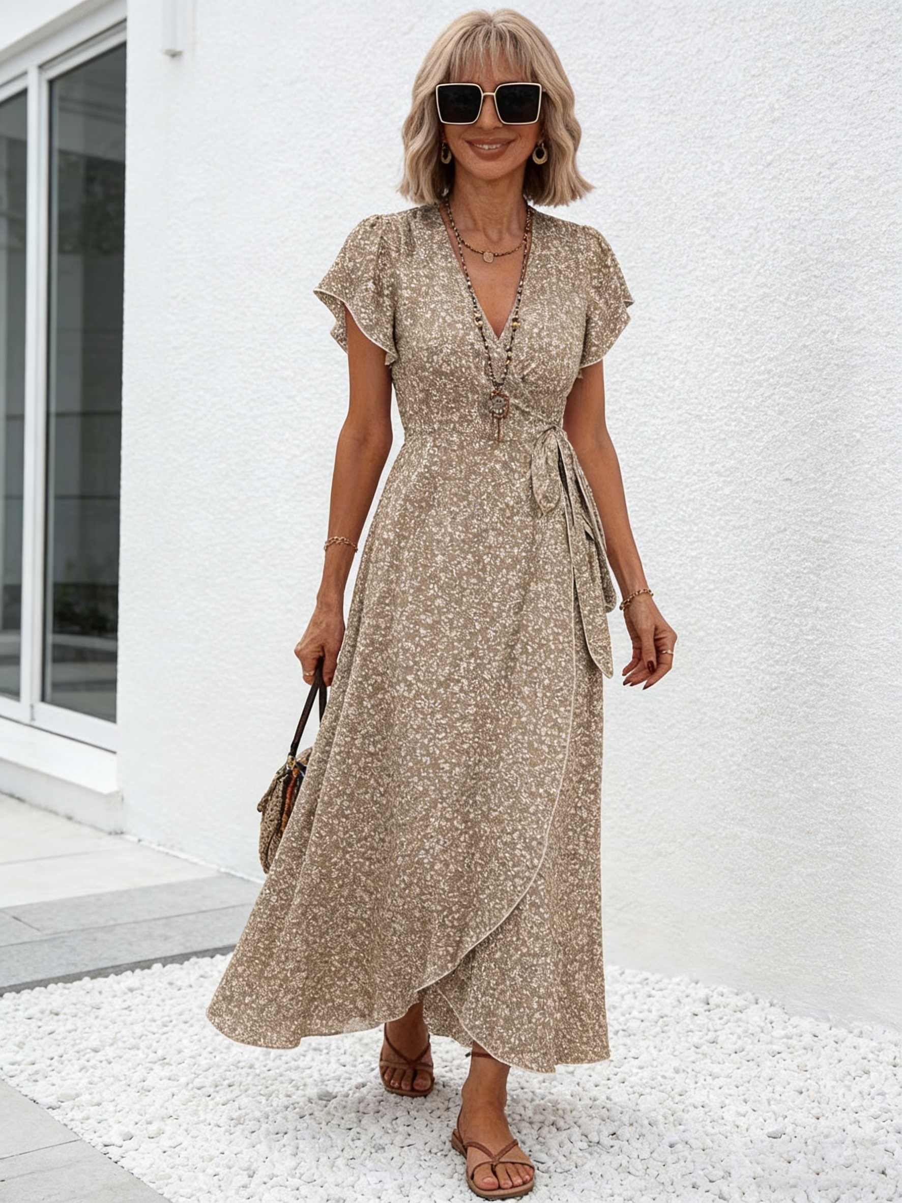Small Floral V-neck Cardigan Belt Wrap Short Sleeve Bohemian Vacation Dress Women