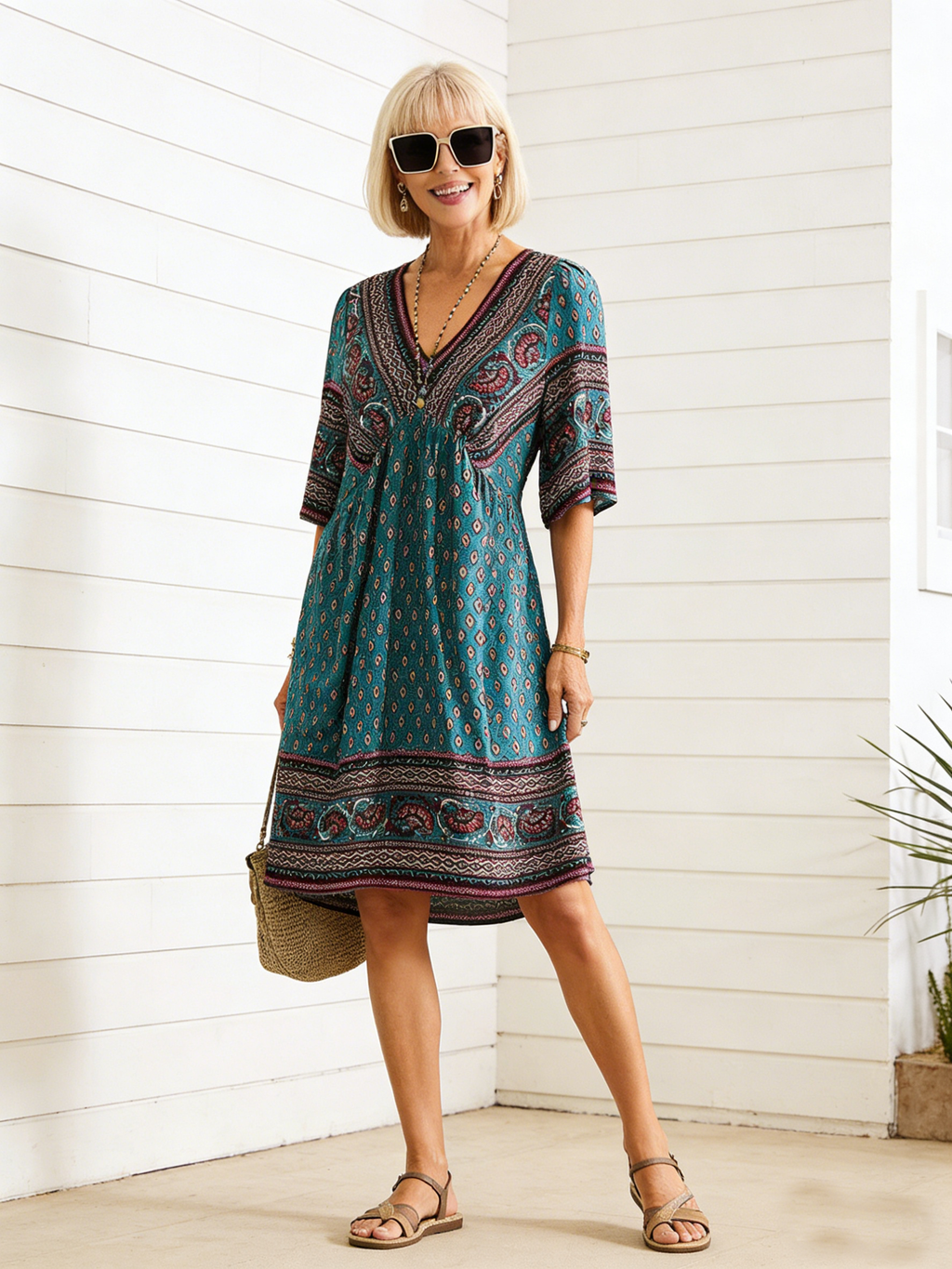 Vacation Deep V Print Casual Ethnic Style Dress