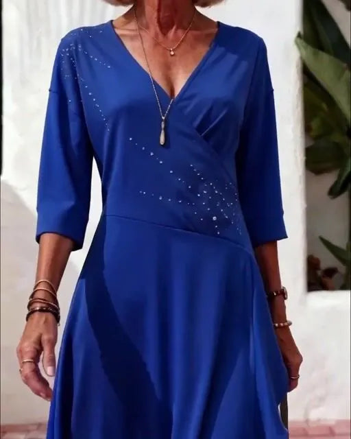 Blue Rhinestone Wrap Midi Dress, V-Neck 3/4 Sleeve Ruffle Hem Loose Slimming Dress for Mature Women