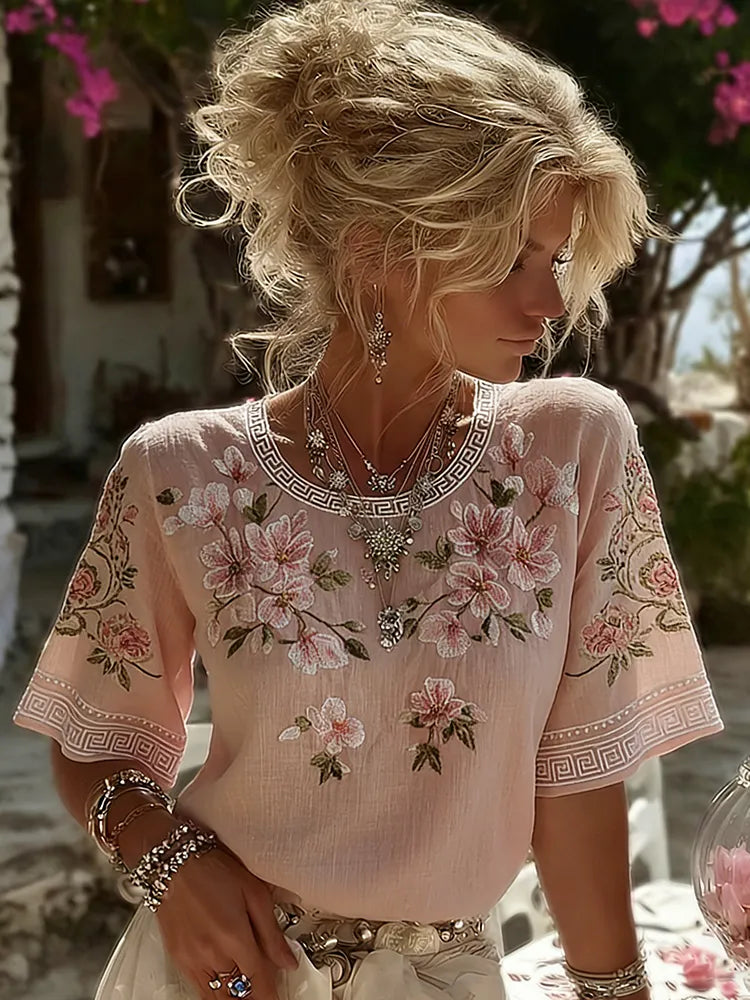 Women's Japanese Floral Print Crew Neck Linen Blend Short  Sleeve T-shirt