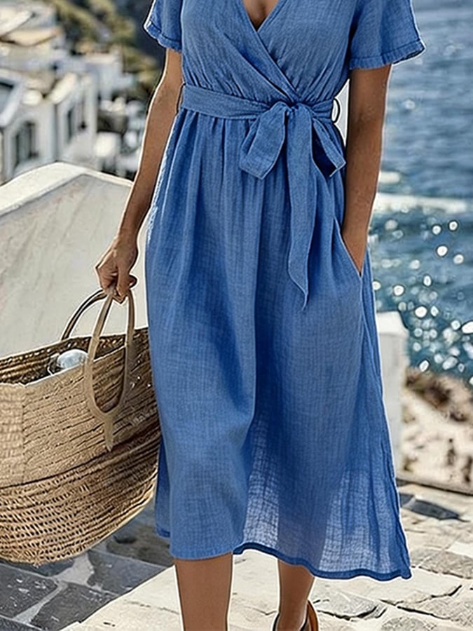 Women'S Solid Color V-Neck Resort Cotton And Linen Dress