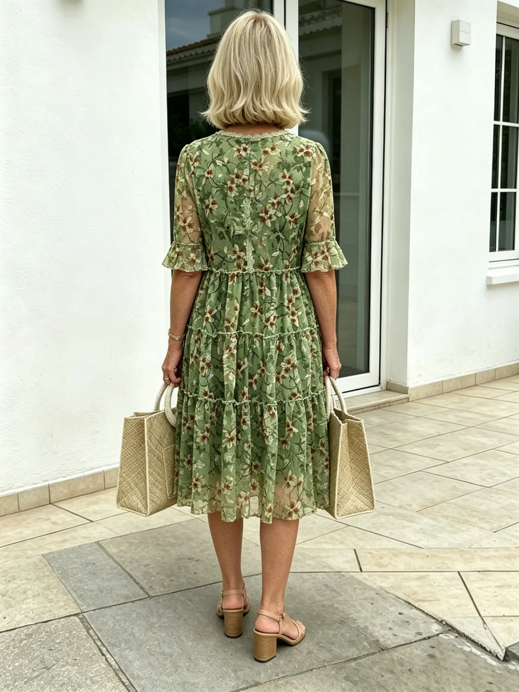 Green Floral Chiffon Tiered Midi Dress, V-Neck Frog Button Ruffle Short Sleeve Loose Casual Dress for Mature Women