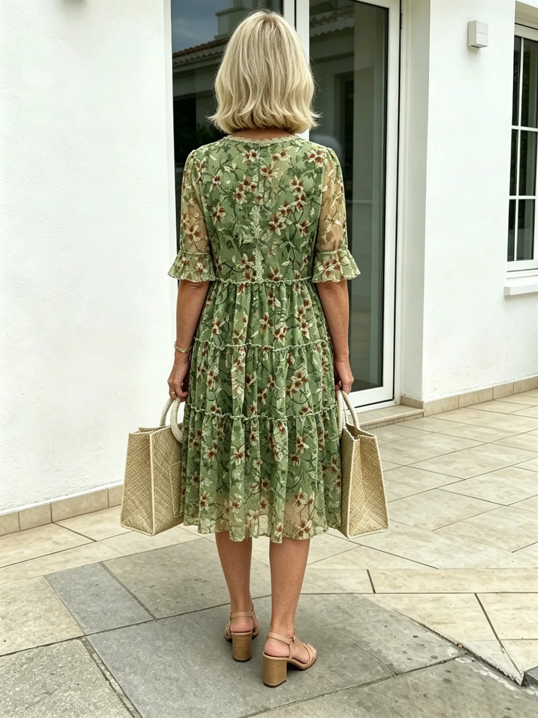 Green Floral Chiffon Tiered Midi Dress, V-Neck Frog Button Ruffle Short Sleeve Loose Casual Dress for Mature Women