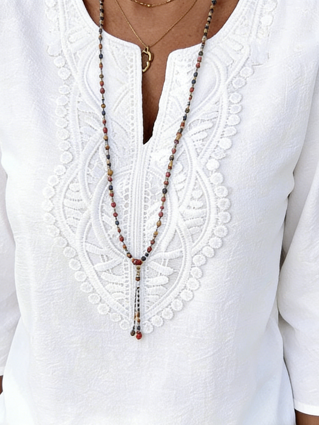 Women's Loose Solid Color V-Neck Lace Edge Shirt