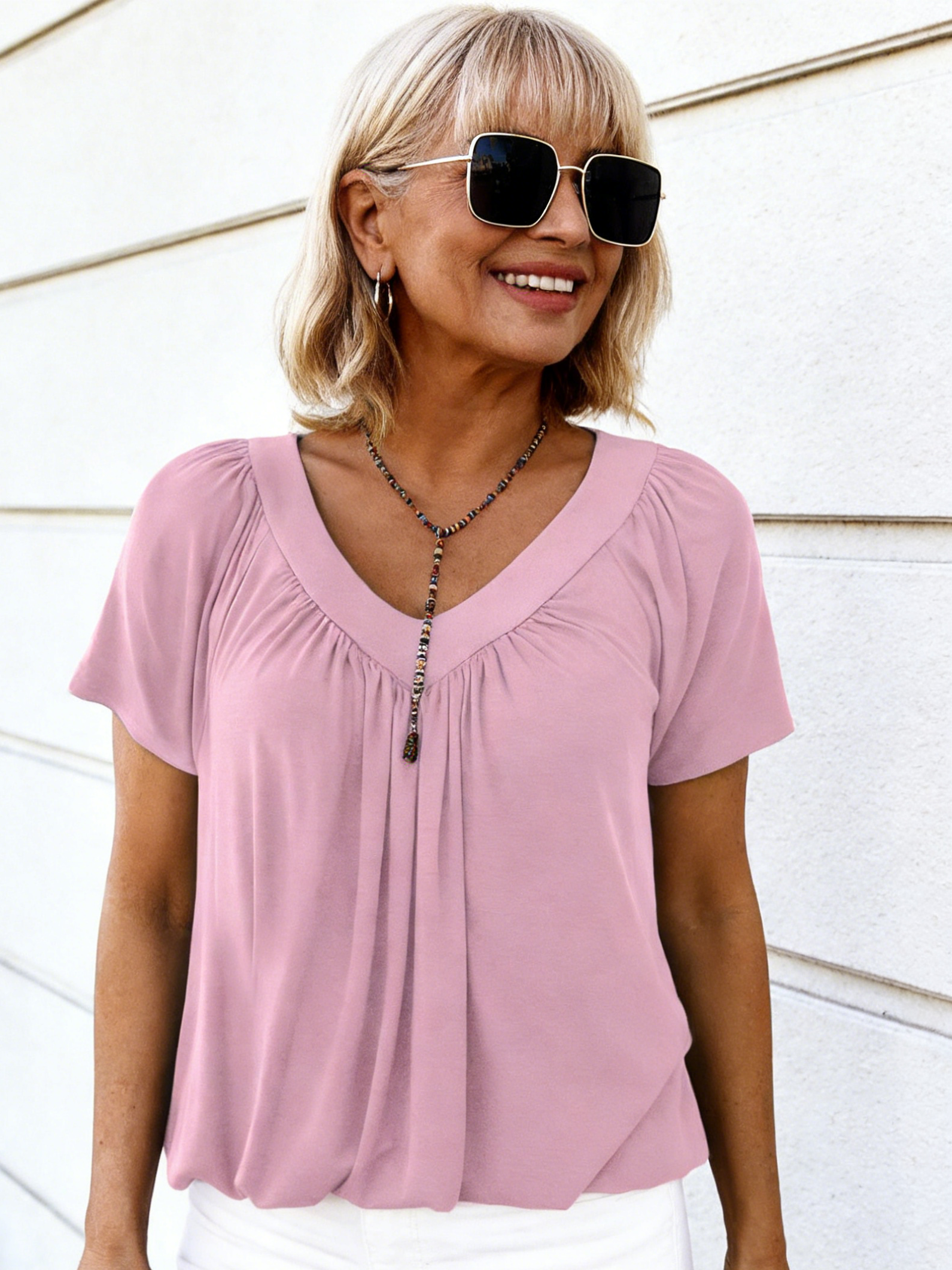 V-neck Shoulder Sleeve Pleated Casual Daily Home T-shirt