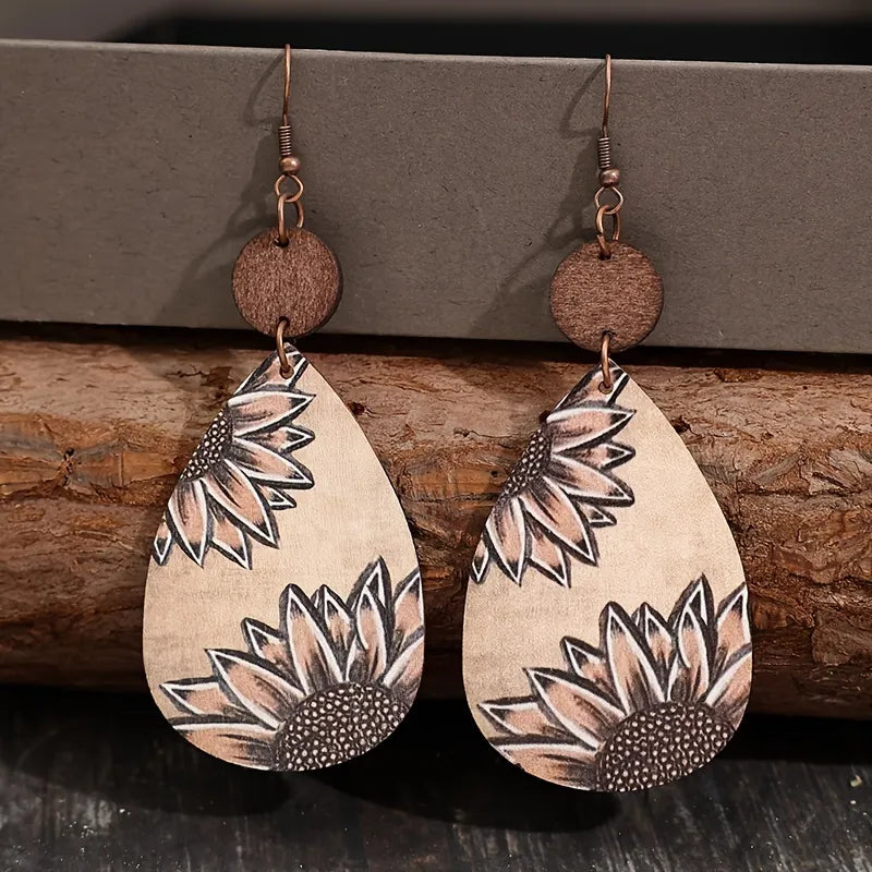Unique Droplet Shape Wooden Dangle Earrings - Retro Bohemian Style, Sunflower Print, Trendy Female Ear Ornaments with Natural Wood Grain and Hypoallergenic Posts for Sensitive Skin - Perfect for Everyday Wear and Gift Giving