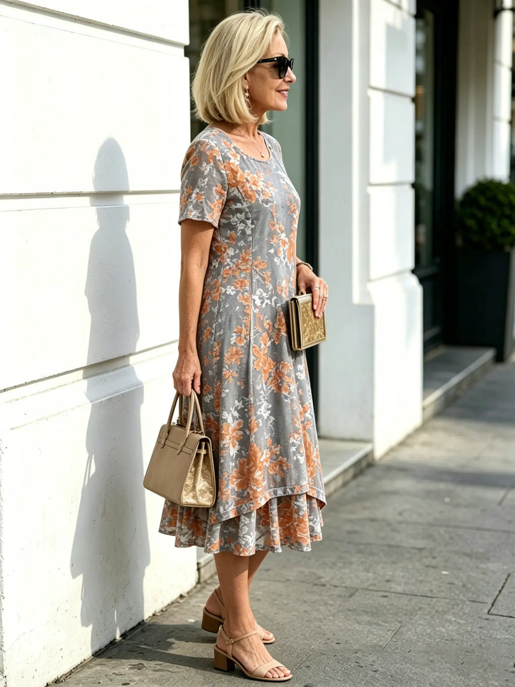 Grey & Orange Floral Mesh Layered Midi Dress, Round Neck 3/4 Sleeve Loose Tummy Concealing Plus Size Dress for Mature Women