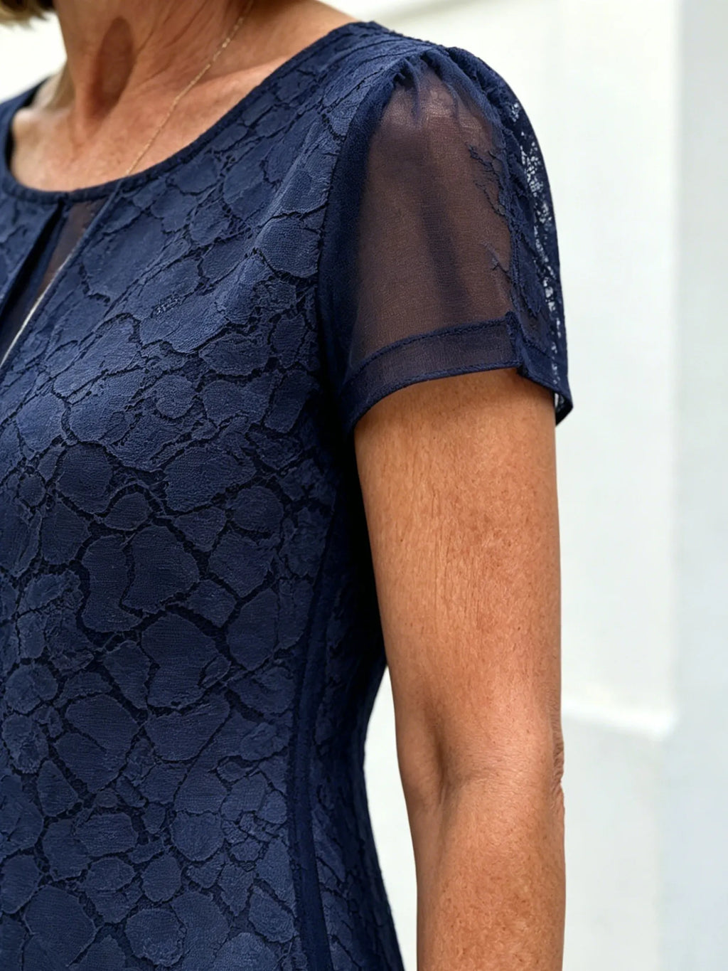 Navy Blue Printed Mesh Layered Midi Dress, Round Neck Short Sleeve Straight A-Line Tummy Concealing Dress for Mature Women