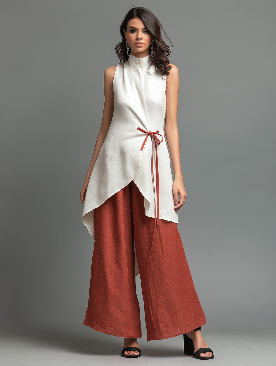 Women's Minimalist Linen-Blend Stand-Collar Sleeveless Wrap Shirt With Tie Belt MDZ1393D5Y