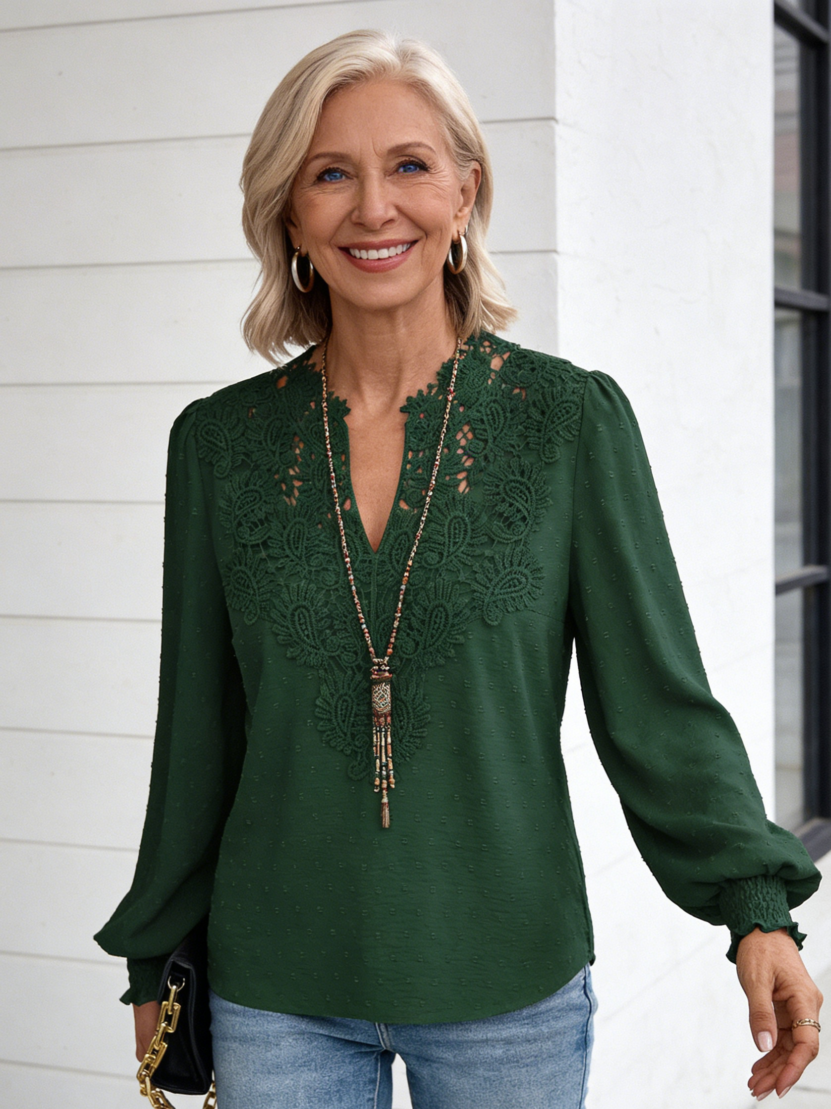 V-neck Lace Paneled Long Sleeve Casual Shirt Blouse