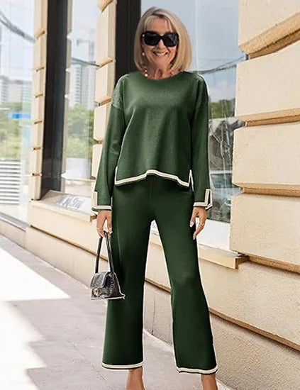 Contrasting Color Split-ended Long-sleeved Knitted Sweater High-waisted and Thin Wide-leg Pants and Trousers Two-piece Set
