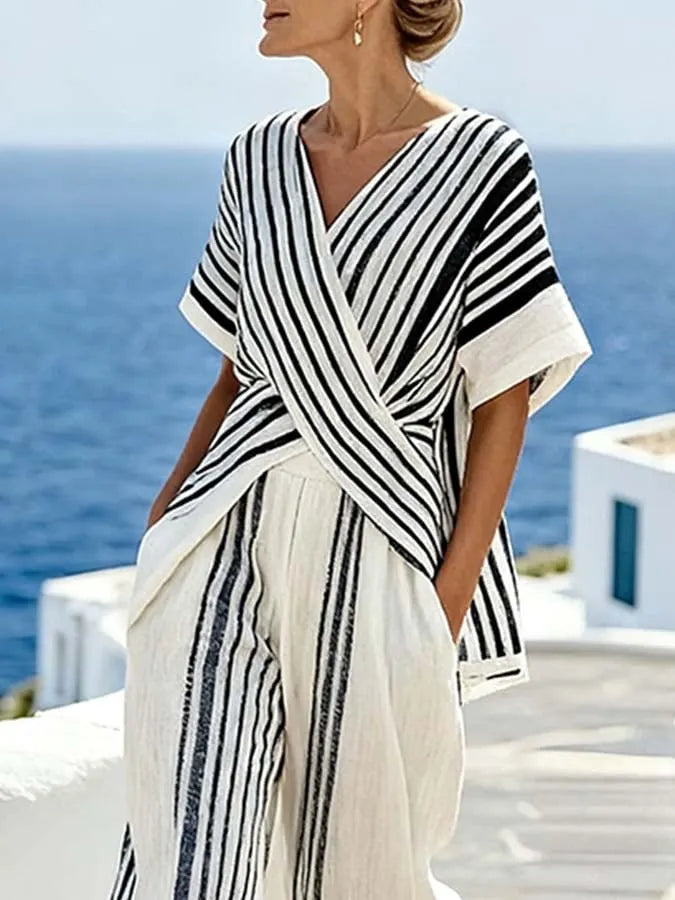 Women'S Casual Crossover Top And Wide-Leg Pants Set
